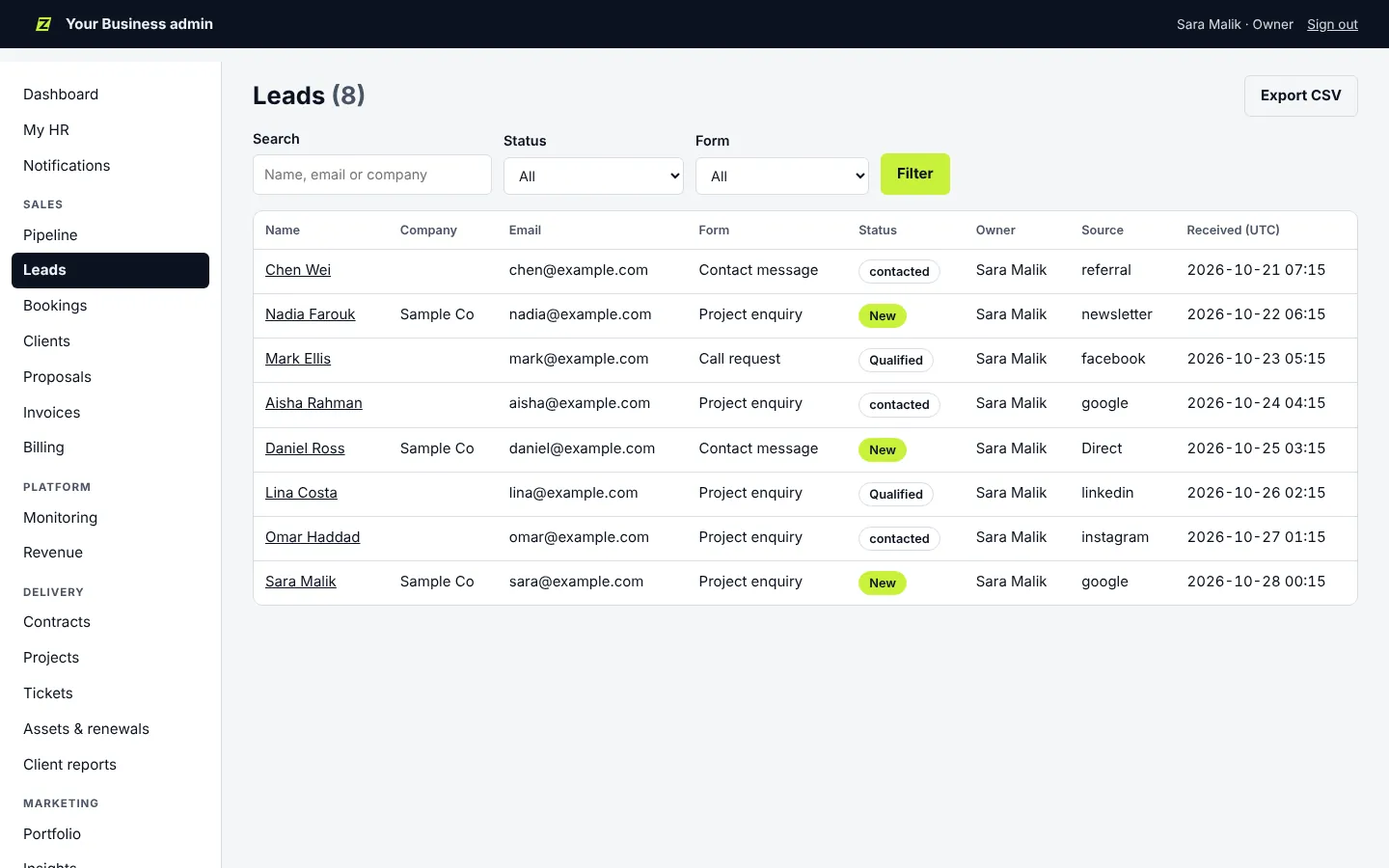 List of enquiries with source, status and owner