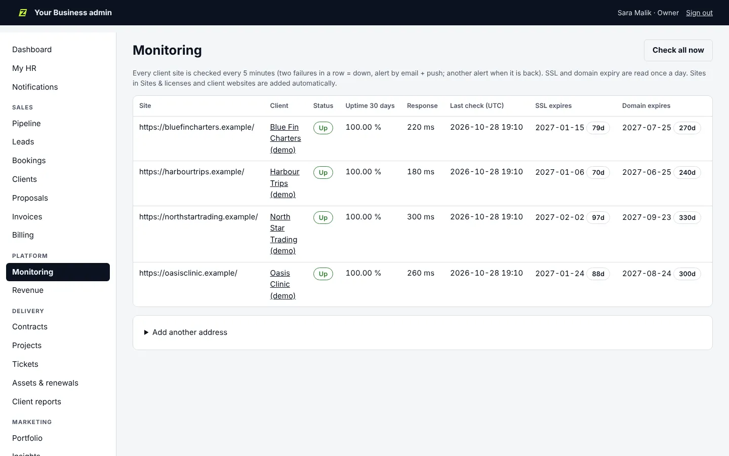 Website monitoring with uptime, response time, SSL and domain expiry