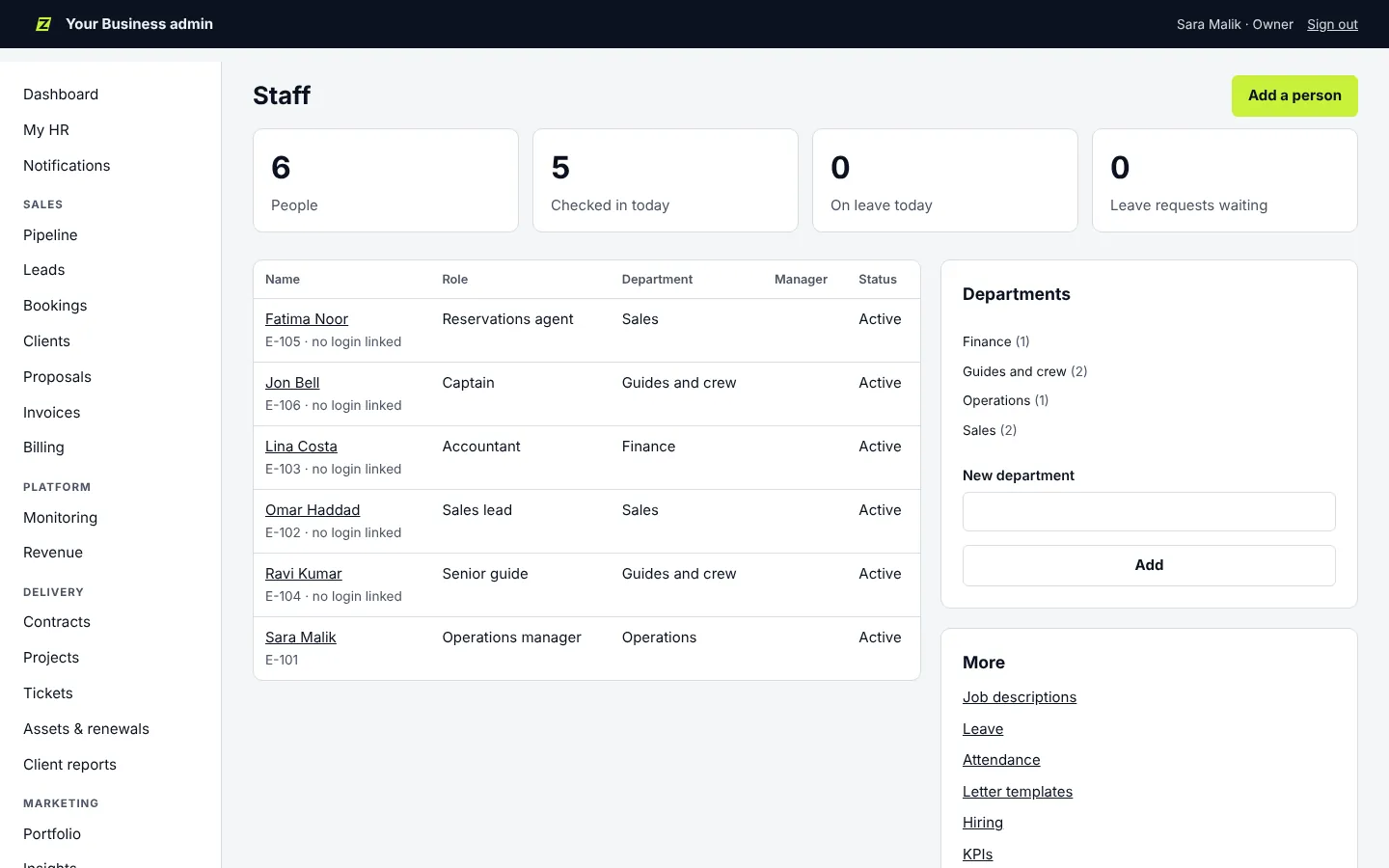 Staff list with roles and departments